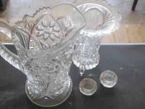 lot 597 image: clear glass handled pitcher, clear glass vase, and more