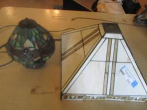 lot 635 image: small stain glass lamp with matching shade and a stain glass lamp shade no lamp