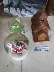 lot 645 image: qty 2 snow globes, wooden church house dcor