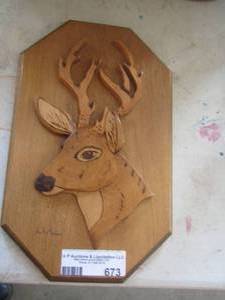 lot 673 image: wooden deer mount plaque ( not a real deer)
