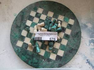 lot 676 image: green and tan chess set all glass