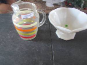 lot 1012 image: milk glass fruit bowl- multi color handled juice jug