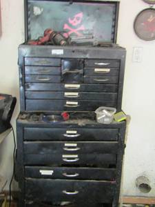 lot 1108 image: black 2 tier tool box on wheels, all drawers are full of various small hand tools