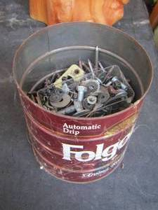 lot 1236 image: Folgers coffee can of nails all sizes