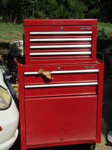 lot 1243 image: red craftsman tool box on wheels various items inside