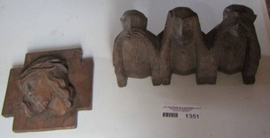 lot 1351 image: Wooden figurines - JESUS  & 3 MONKEES  SEE NO EVIL, SPEAK NO EVIL, HEAR NO EVIL