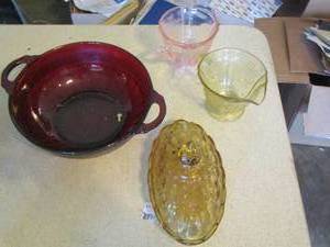 lot 1672 image: yellow butter dish, double handled red bowl, pink glass and yellow glass creamer