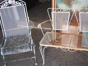 lot 1697 image: metal patio furniture metal porch bench, and metal chair