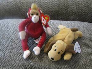 lot 726 image: sweetheart the orangutan beanie baby, bones the dog ty beanie baby