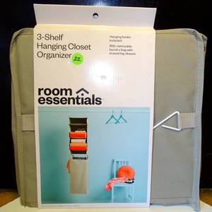 lot 22 image: NEW - Room Essentials Gray 3-Shelf Hanging Closet Organizer Removable Laundry Bag