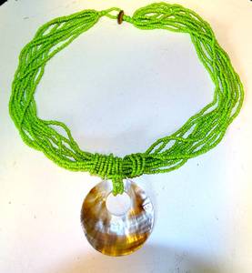 lot 60 image: VINTAGE MULTI STRAND GREEN SEED BEAD NECKLACE WITH MOTHER OF PEARL PENDANT