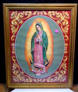 lot 132 image: BEAUTIFUL VINTAGE OUR LADY OF GUDALUPE VIRGIN MARY FRAMED UNDER GLASS - 18 X 32