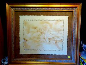 lot 170 image: STUNNING CUSTOM FRAMED ART PRINT - ANGEL KISSING CHILD 25 X 29