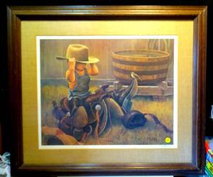 lot 171 image: BIG $ LOT - CUSTOM SIGNED & FRAMED - Norberto Buddy Reyes Lighograph signed Little Cowboy Western ART Print
