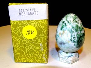 lot 186 image: 3 TREE AGATE EGG WITH STAND $$