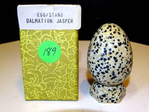 lot 189 image: 3 DALMATIAN JASPER EGG WITH STAND $$