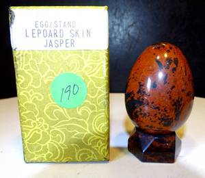 lot 190 image: 3 LEOPARD SKIN JASPER EGG WITH STAND $$