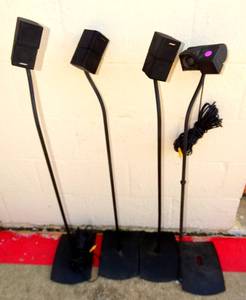 lot 297 image: LOT OF 4 BOSE 1 ACOUSTIMASS DOUBLE CUBE SPEAKERS WITH STANDS