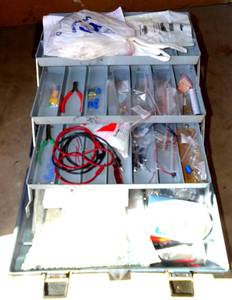 lot 303 image: BOX FULL OF TRANSISTORS, TOOLS, ETC AS SHOWN