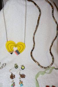 lot 55 image: Novelty Jewelry Tiny earrings, plastic heart pencil pendant necklace and more
