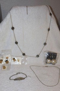 lot 57 image: Jewelry Smiley graduation cap pins, station bead necklace, faux pearl earrings, .925 items