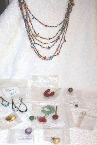 lot 65 image: Jewelry multi-strand chip beaded necklace and stone single earrings
