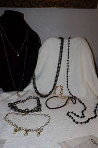 lot 69 image: Jewelry opera length black bead necklaces, chain necklaces and earrings with posts and clip fasteners, see photos