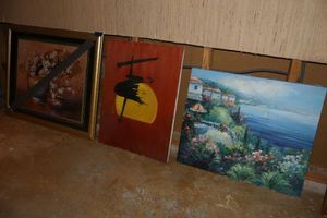 lot 23 image: Wall art Asian flower print with frame needs new glass, plus 2 canvas pieces