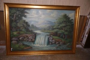 lot 24 image: Framed canvas wall art with waterfall scene