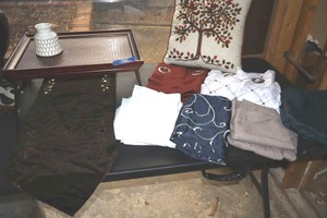 lot 147 image: Home goods curtain panels, lap table, table runner and pillow