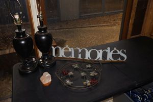 lot 177 image: Home goods pair of table lamps, metal serving tray, salt lamp with USB plug