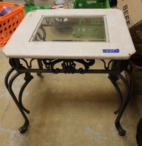 lot 224 image: Glass top side table with iron base ( some tiles need attention)