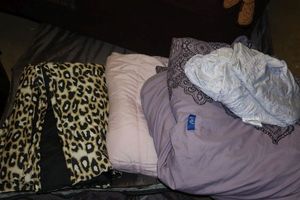 lot 169 image: Purple sheets and comforter set, pink comforter, leopard print comforter