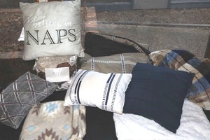 lot 173 image: Pillows and blankets in blue, brown, and white colors