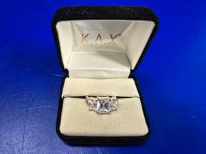 lot 47 image: Emerald Cut 3 Stone Sterling .925 CZ Engagement Ring, Size 7