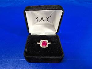 lot 48 image: Diamond Halo Mount Ruby .925 Engagement Ring, Size 7