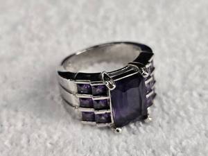 lot 53 image: Large Emerald Cut Amethyst Thick Band .925 Ring, Size 8