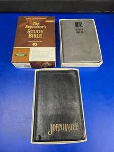 lot 218 image: Lot of 3 Bibles.  Jimmy Swaggart KJV The Expositors Study Bible, Rod Parsley Power Break Bible & John Hagee Minitstries Prophecy Study Bible.  LOOK UP THE SWAGGART BIBLE