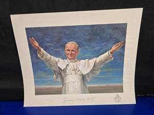 lot 220 image: Vintage Pope John Paul II Lithograph w Coat of Arms Insignia