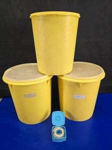 lot 265 image: Lot of Vintage Tupperware.  Includes Yellow Servalier (1339-3), 2 Yellow 9QT Canisters & Tupperware Label Holder w Sticker Labels