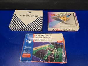 lot 275 image: Vintage Early Computer Equipment Lot.  Includes Early Intel PRO100 S Server Adapter, VS Com PCI Dual Serial Card & Kouwell Add-On Card