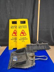 lot 287 image: Lot of Misc Cleaning Supplies.  Includes 2 Dust Pans, 2 Wet Floor Signs & Heavy Duty Broom