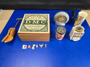 lot 330 image: Random Lot of Stuff.  Includes Vintage American Airlines Pins, Antique Shoe Tree, Wooden Sewing Box w Needles & More, Antique W.E. Garrett Snuff Glass, Timex Clock, Flamingo Hotel Las Vegas Souvenir & Vintage Drinking Cup