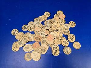 lot 334 image: Large Lot of Vintage Wooden Drug Store Tokens.  Approx 80 Tokens.