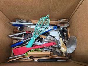 lot 394 image: Large Box FULL OF Misc Kitchen Cooking Utensils