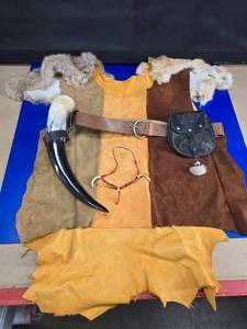 lot 417 image: Channel Your Inner Mountain Man  Pure Grain Cowhide Leather Smock w Real Rabbit Pelt Shoulder Covers.  Includes Leather Belt w Hand Tooled Pouch, Steer Drinking Horn & Necklace w Claws