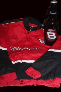 lot 36 image: Budweiser Dale Earnhart Jr Jacket, and Glass Budweiser #8 Oversized Beer Bottle Bank