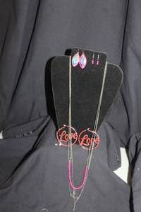 lot 183 image: Silver and Pink Jewelry, Multistrand Necklace, Love Hoop Style Earrings and Pink Earrings