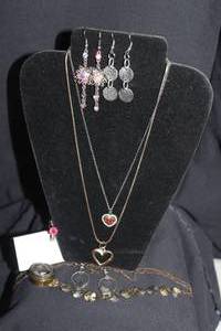 lot 184 image: Silver Necklace with Red Stone Heart Pendant, Necklace with Heart Pendant Several Pairs of Earrings