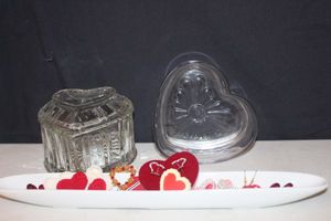 lot 256 image: Crystal Heart Shaped Lidded Dish, Glass Heart Shaped Dish and Olive Plate with Heart Fashion Jewelry